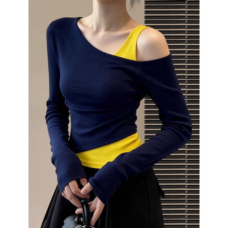 斜肩假两件露肩收腰T恤女2025新款漂亮巨好看时尚气质掐腰上衣