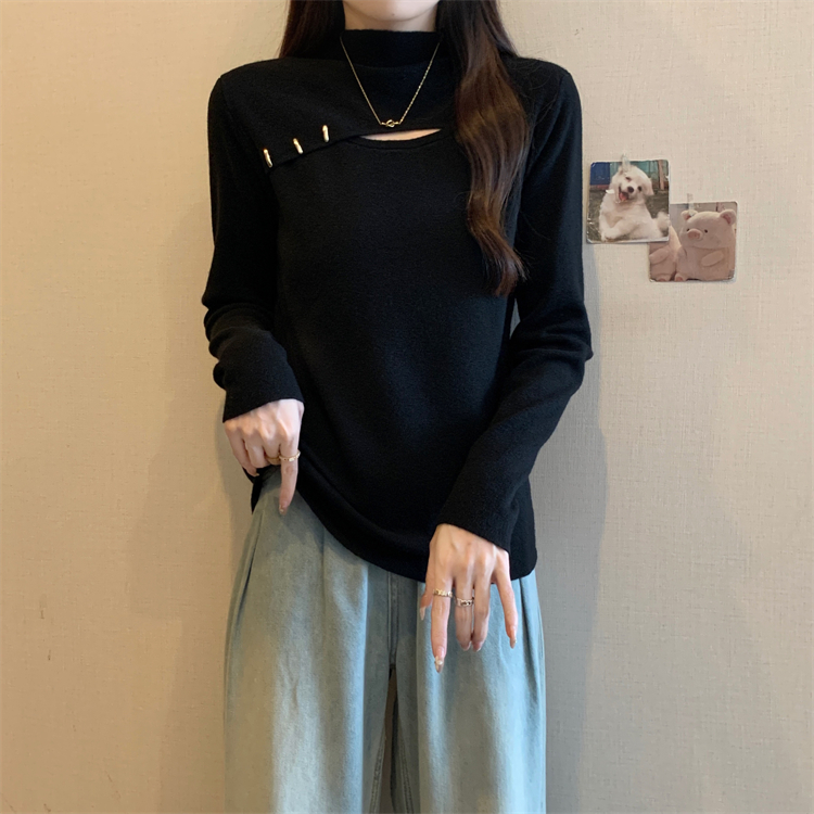 设计感显瘦镂空半高领针织打底衫女秋冬洋气内搭减龄百搭上衣0355