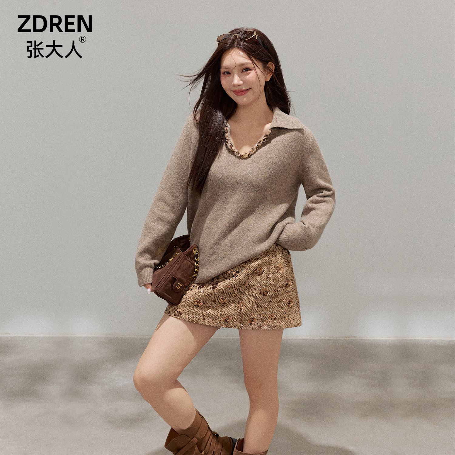 张大人【佩斯画廊】大码女装微胖妹妹时髦套装V领毛衣短款包臀裙