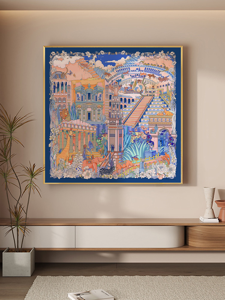 马家蓝色丝巾图案趣味挂画高档轻奢客厅餐厅玄关卧室装饰画斗柜画