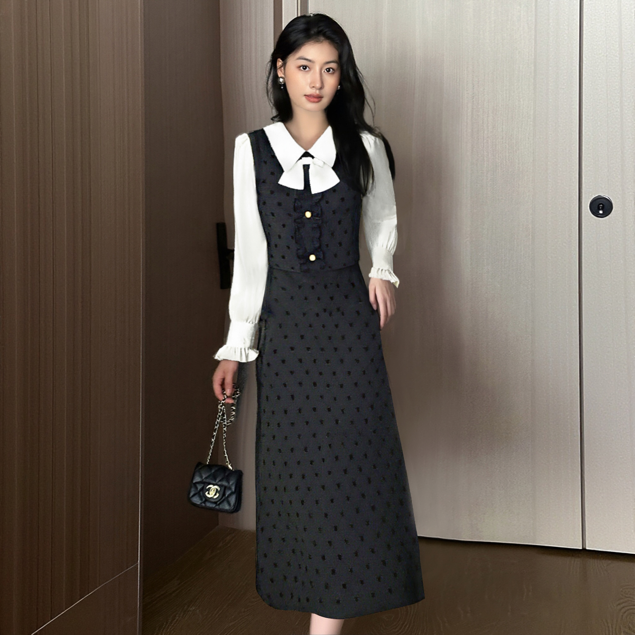 A【有里布】2025秋季女款连衣裙拼接高级感小个子假两件长裙QY0065