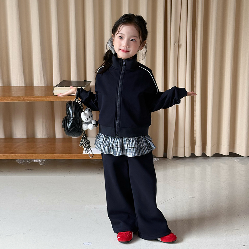 【高级感】女童秋季休闲运动两件套儿童立领卫衣藏青色套装 25F065