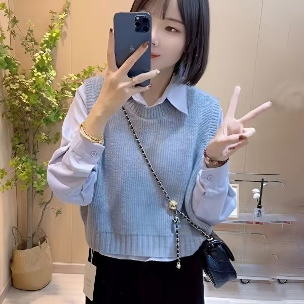 针织马甲背心女宽松显瘦百搭翻领长袖衬衫两件套