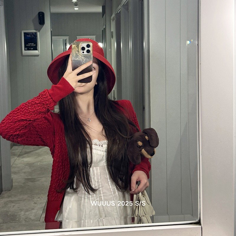 轻奢网红款热恋明艳大红温柔浅粉 红色针织开衫女V领毛织上衣外套