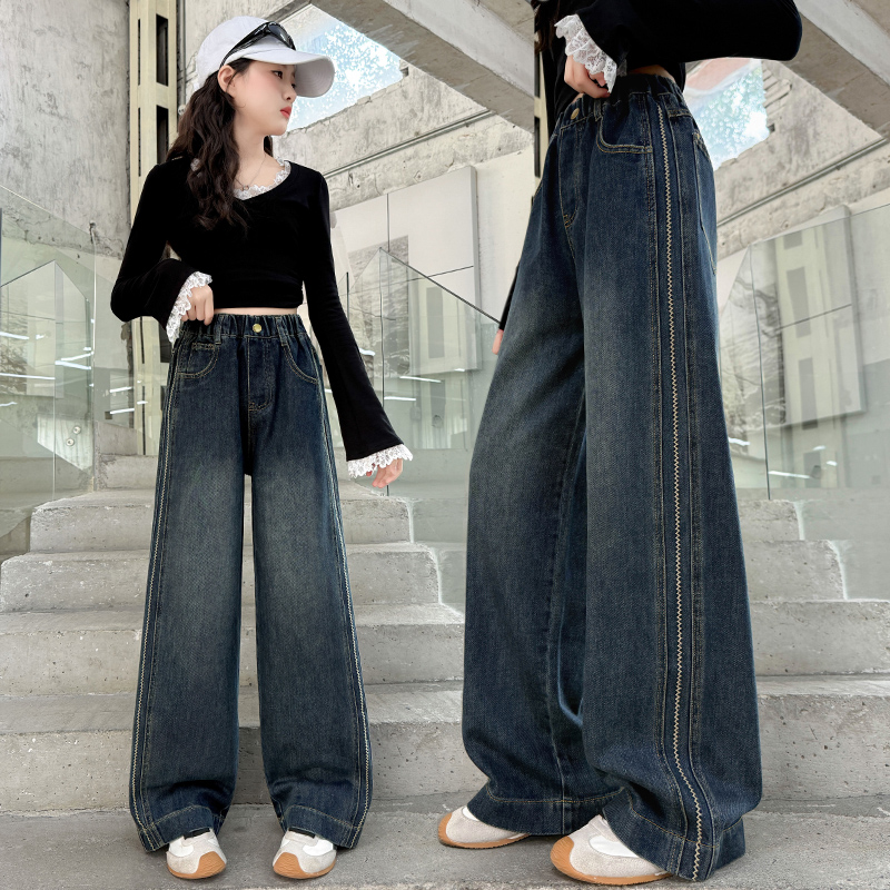 女大童牛仔阔腿裤秋冬高腰裤子6-12岁儿童洋气春秋加绒显瘦直筒裤