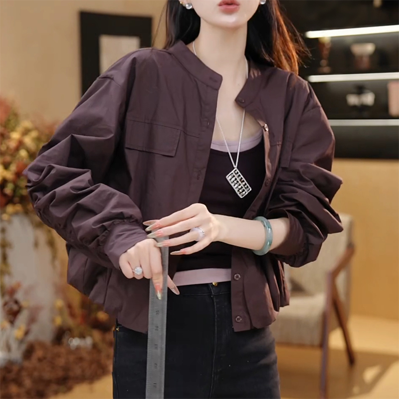 韩系立领短款外套女2025秋季新款小个子时尚百搭潮流褶皱夹克上衣