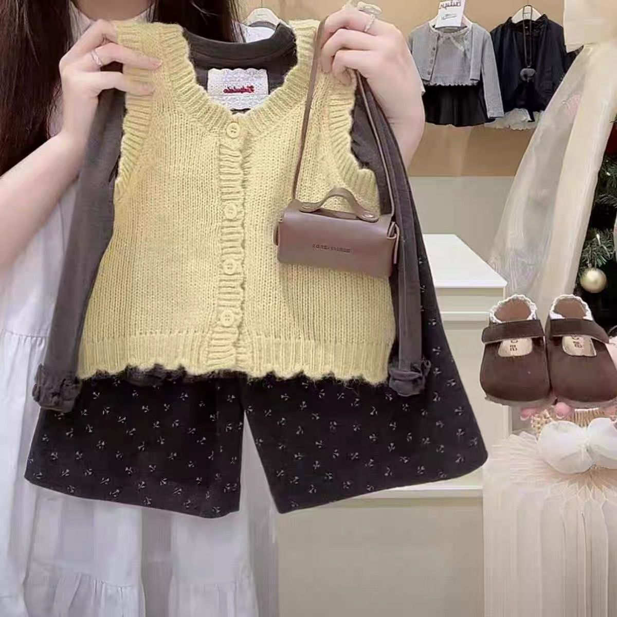 女童秋套装2025新款儿童时尚宽松针织马甲洋气女孩碎花阔腿裤