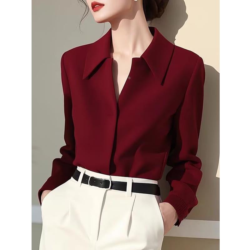 绝美酒红色POLO翻领长袖衬衫女高级感超好看上衣时尚气质百搭衬衣