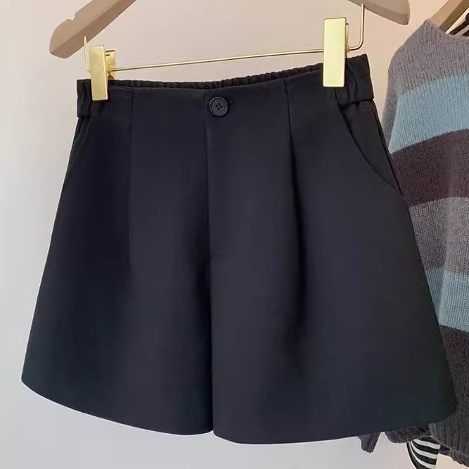 黑色短裤女冬季外穿大码新款爆款小个子毛呢高腰休闲a字阔腿靴裤