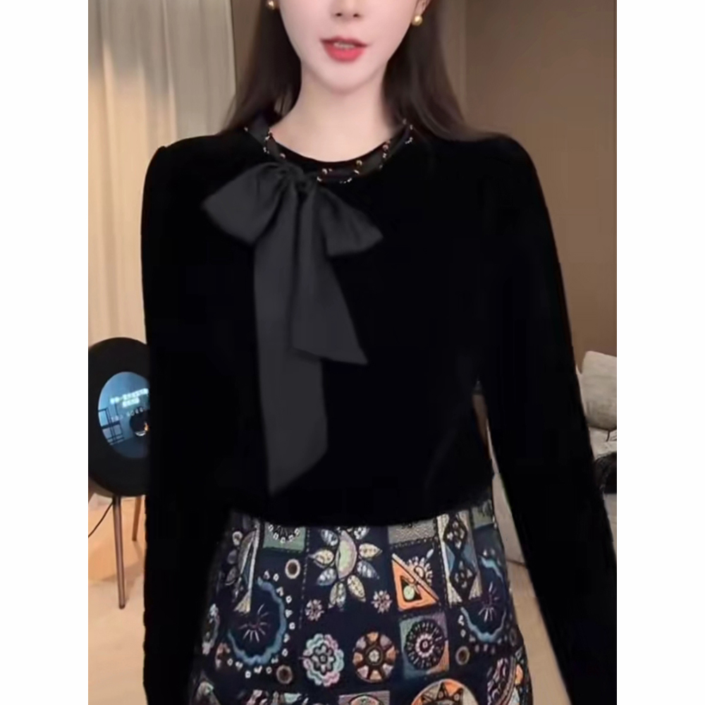 法式蝴蝶结绑带衬衫女士2025秋季新款轻奢高级感修身显瘦丝绒上衣