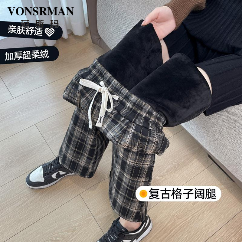 加绒格子阔腿裤女2025秋冬新款宽松bf慵懒风高腰垂感加厚休闲直筒