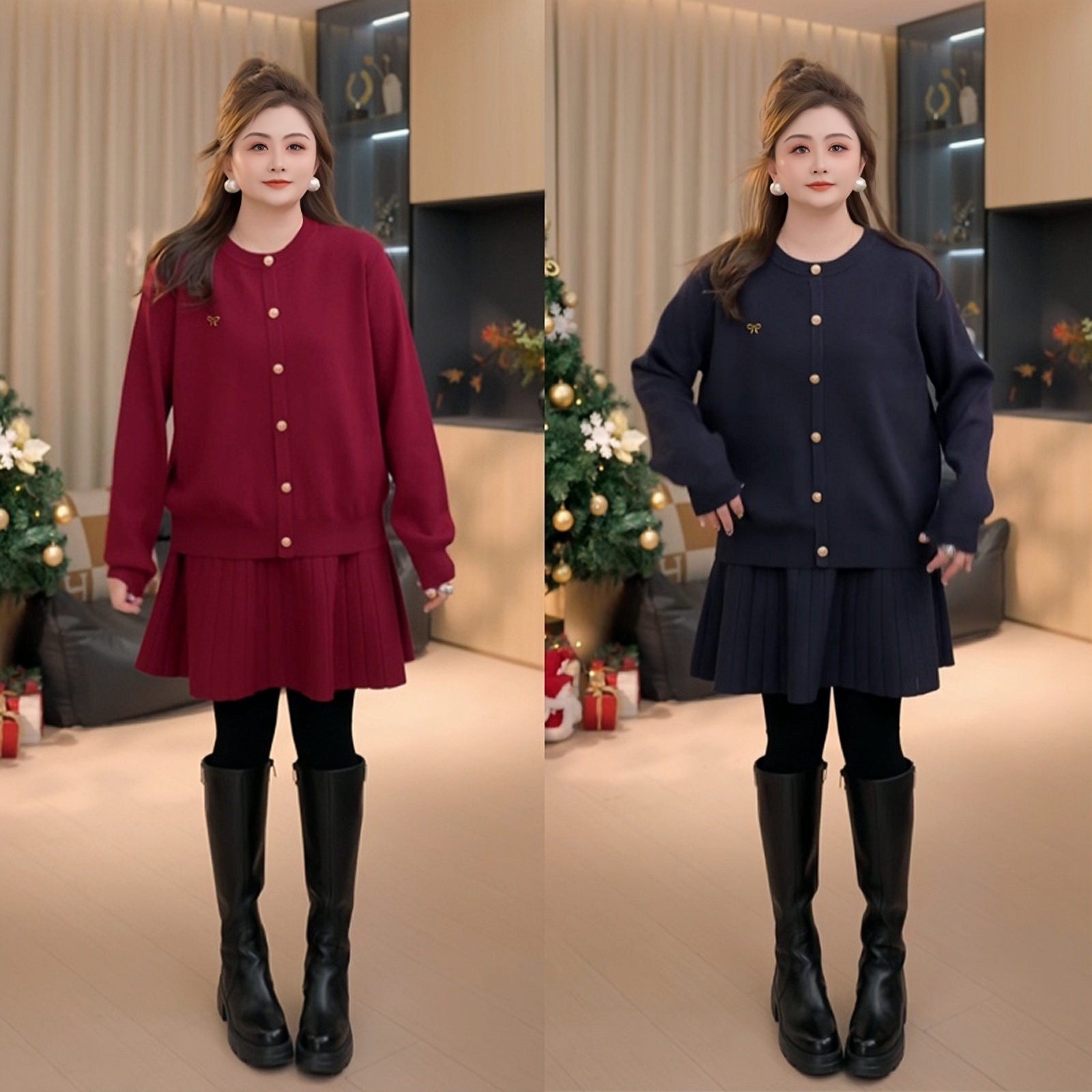 【胖佳佳】暮色幽兰 秋季圆领针织上衣半身裙两件套女H625Z12965