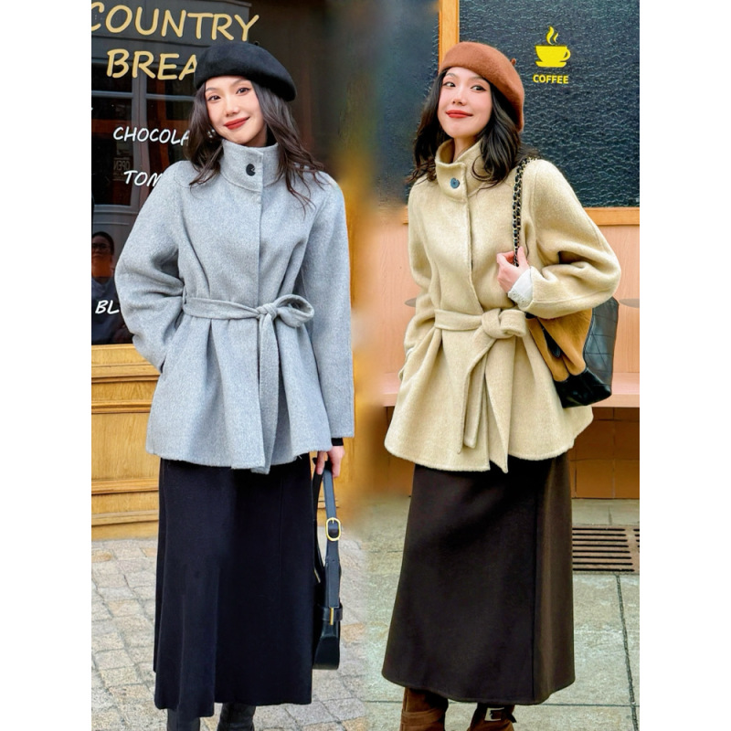轻奢洋气外套女纯羊毛双面呢法式立领收腰大衣气质高级小众设计感