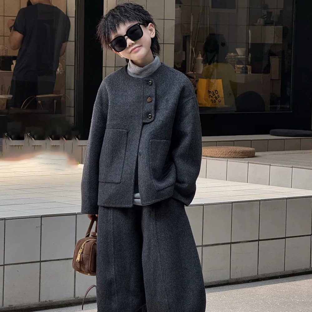 男童秋冬毛呢潮酷痞帅纯色套装2026新款中大童洋气加厚保暖两件套