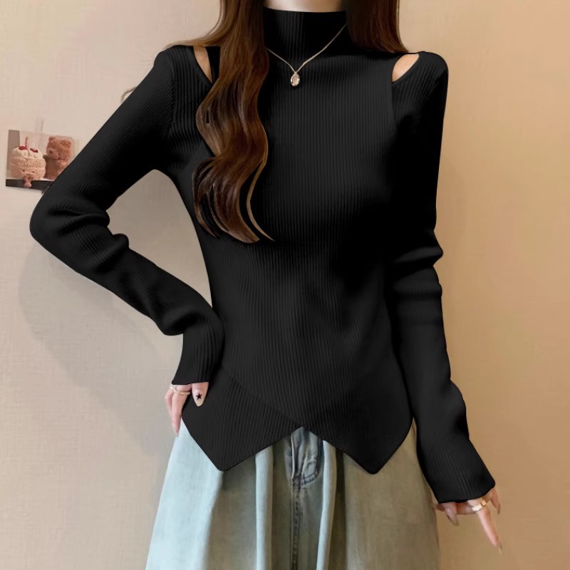 大码胖mm半高领露肩针织衫女秋冬设计感收腰显瘦不规则打底衫上衣