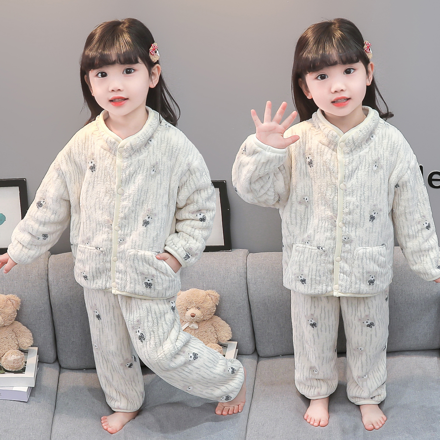 女童睡衣秋冬季加厚珊瑚绒套装女宝宝冬季公主风法兰绒儿童家居服