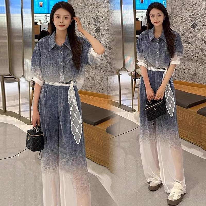 时尚设计感渐变套装女2025夏季新款盐系宽松防晒衬衫阔腿裤两件套