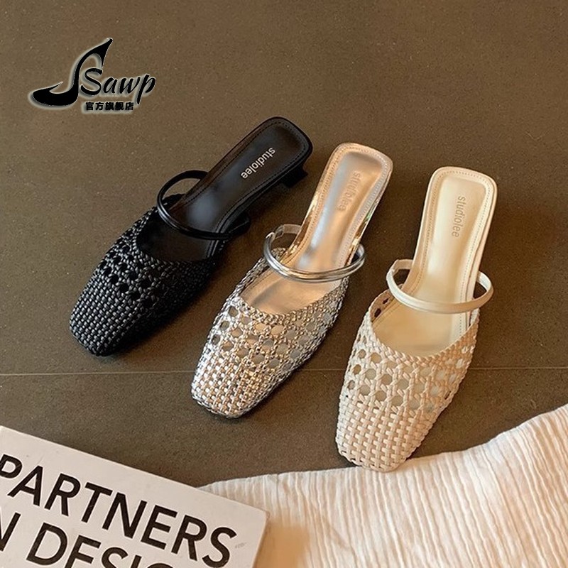 编织尖头粗跟法式镂空夏季平底包头方头穆勒鞋单鞋气质网红时尚ol