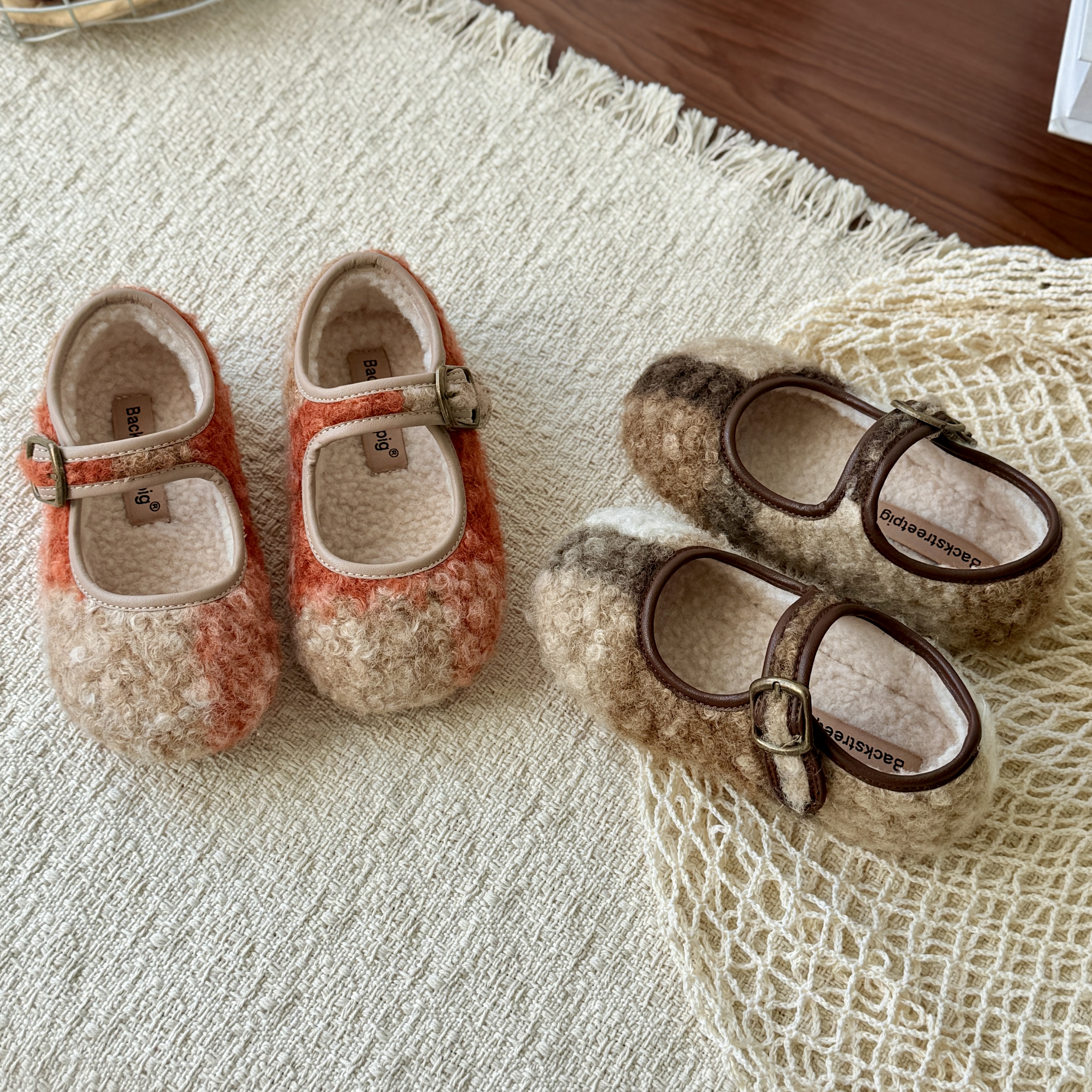 <耐脏色系>  女童公主鞋冬季韩系毛呢拼色加绒保暖浅口玛丽珍鞋子