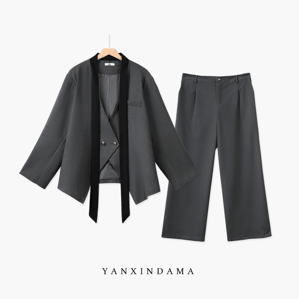 【岩心】大码女装300斤胖MM拼接设计感西装外套气质西装裤套装30048