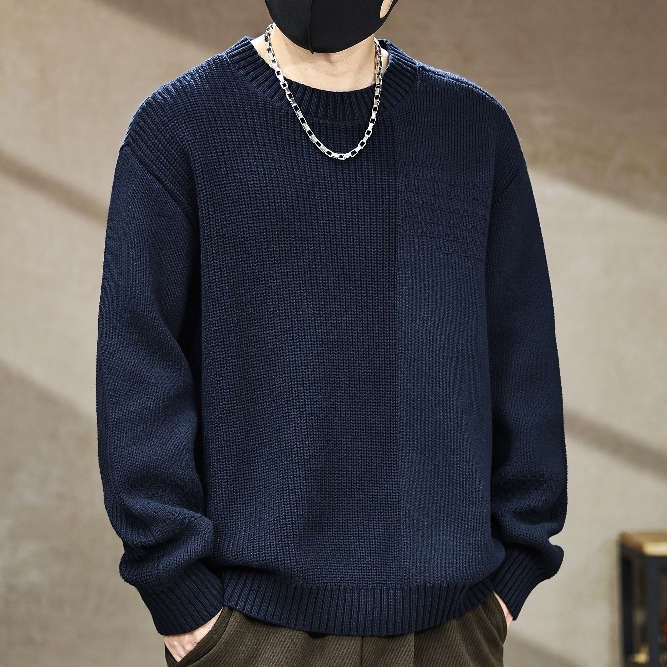 高端美式复古拼接撞色肌理感毛衣男秋冬新款宽松针织衫毛线衣外套