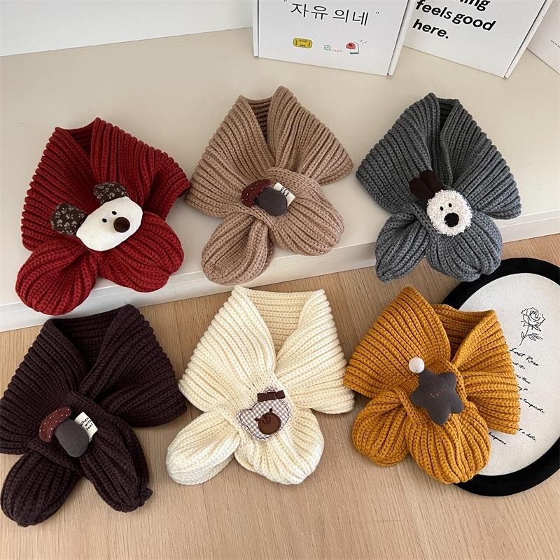 儿童简约百搭保暖围巾婴儿围巾布艺玩偶冬天宝宝针织毛线围脖交叉