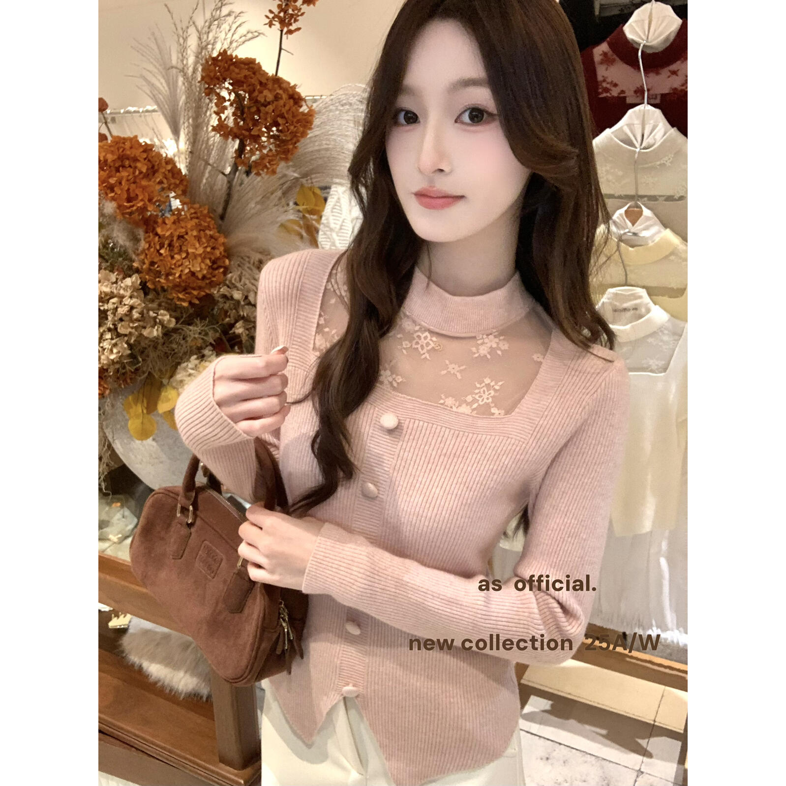 显瘦针织温柔很有暖冬氛围法式蕾丝拼接开衫瘦套头打底衫G6-60