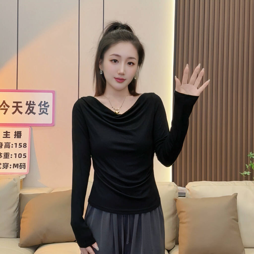2025新款黑色长袖T恤女春秋冬一字肩极简早秋装打底衫上衣0058-2