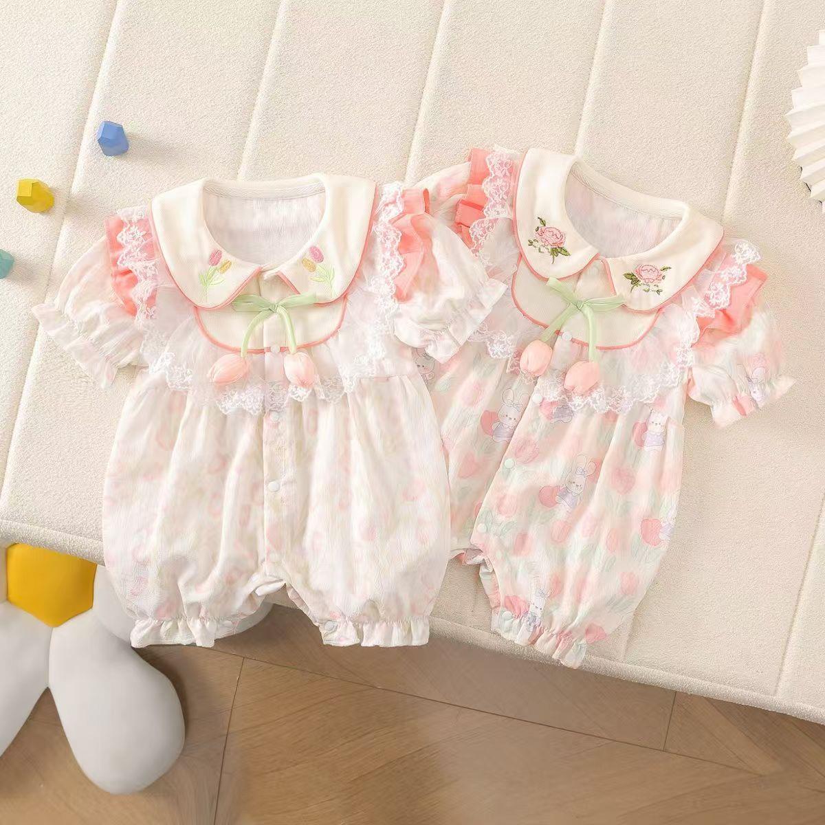 婴儿夏季薄款短袖连体衣新生宝宝夏装满月百天公主哈衣外出爬服