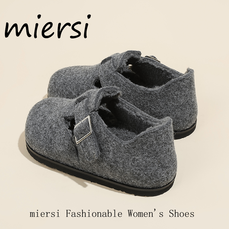 【米尔斯】灰色内增高毛毡勃肯鞋女2025秋冬新款加绒一脚蹬棉鞋单鞋