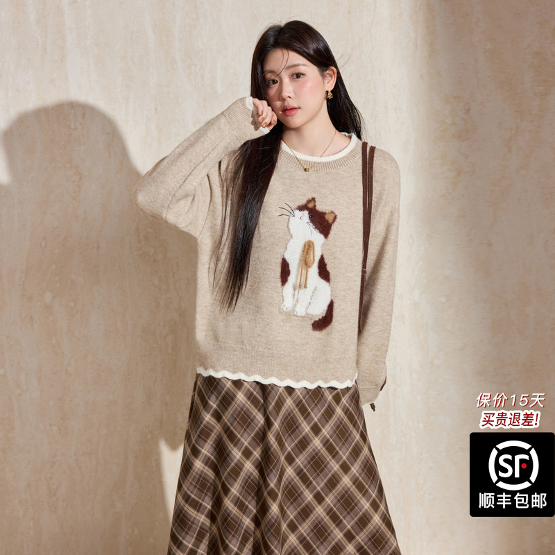 蓝语大码女装圆领可爱小猫提花针织毛衣2025秋冬新品宽松显瘦上衣