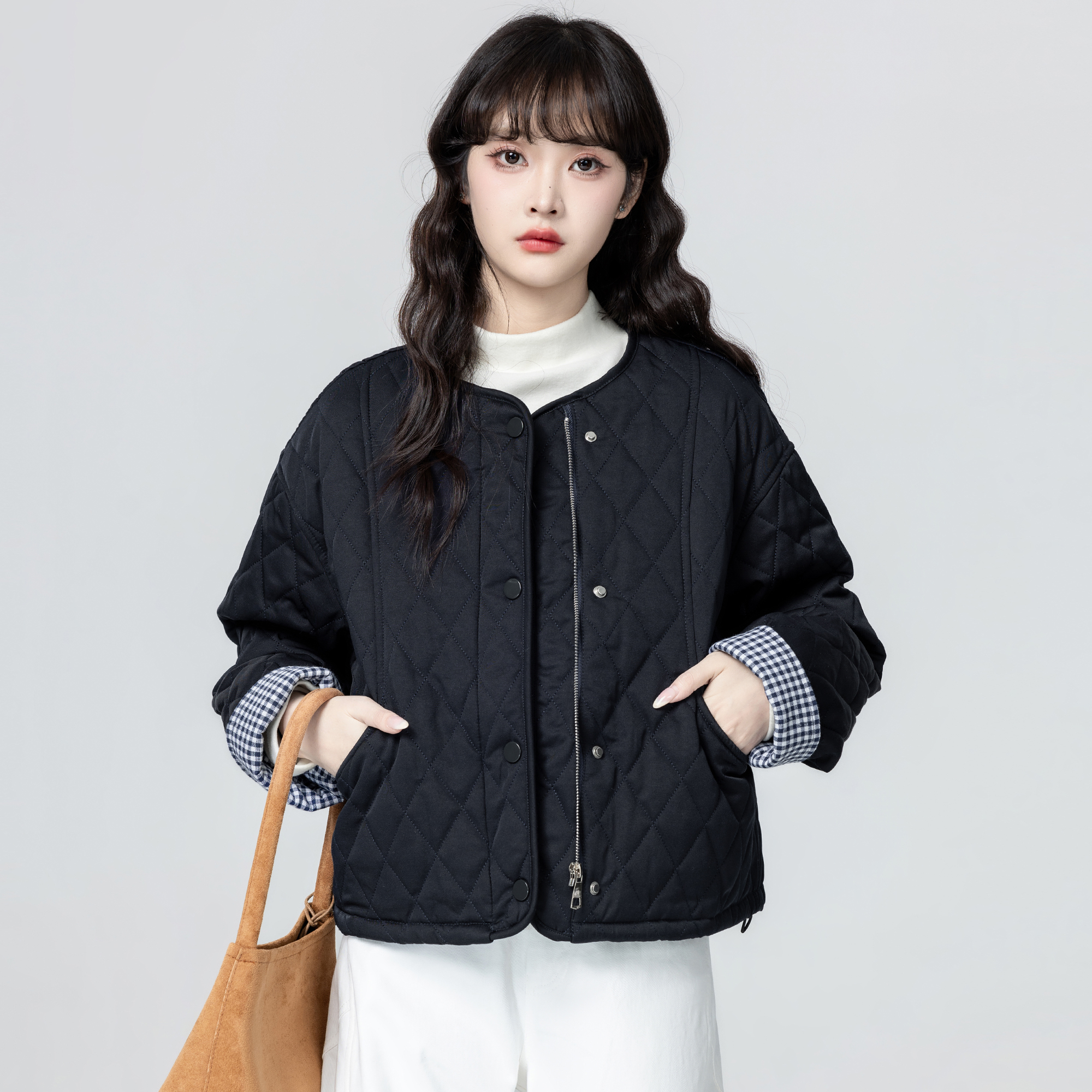 复古蓝色圆领棉服外套女冬2025冬季新款格子拼接菱格棉衣短款上衣