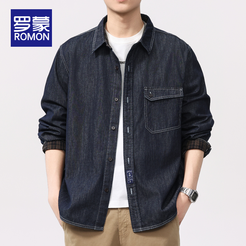罗蒙男士长袖翻领纯棉衬衫秋季新款美式宽松复古潮流衬衣男秋冬款