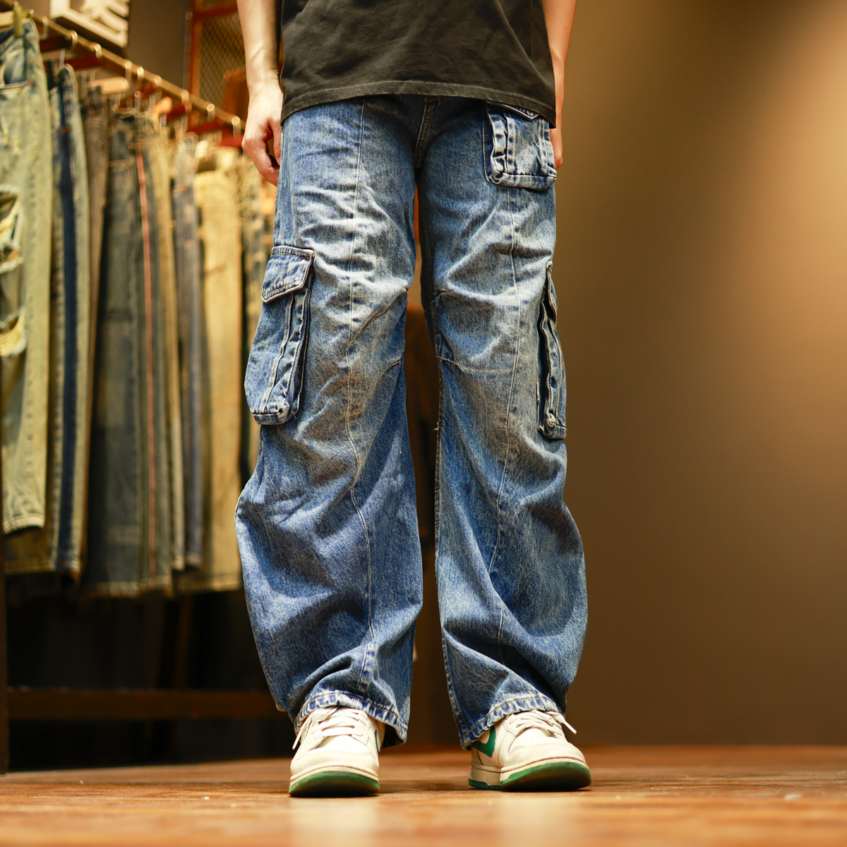 9681弯刀宽松多口袋水洗复古做旧潮流弯刀牛仔裤