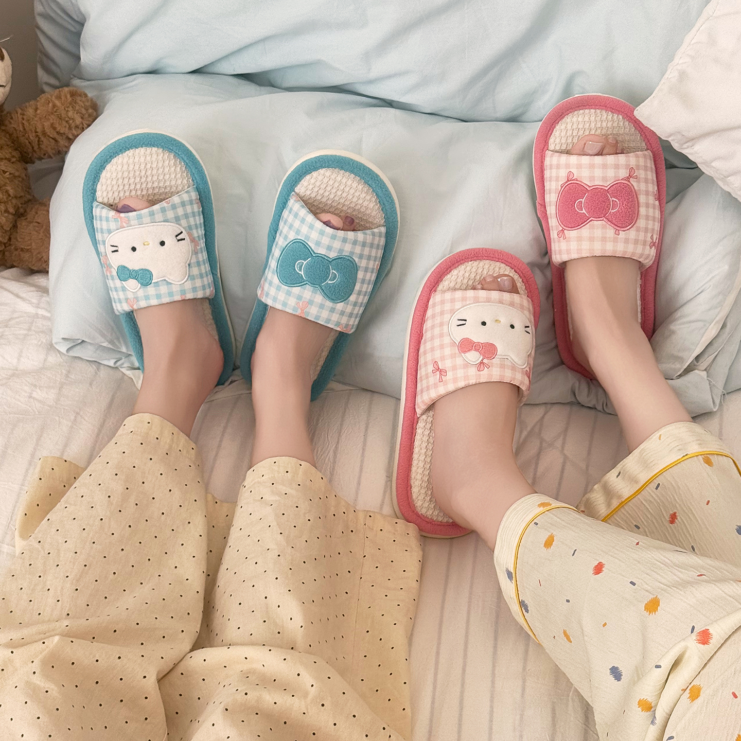 哈喽kt棉麻拖鞋女秋冬毛毛绒拖鞋室内家居可爱防滑耐磨2025新款