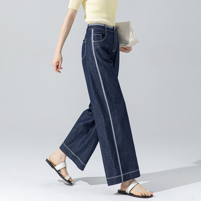 丹宁蓝冰丝牛仔裤女夏季薄款阔腿裤女2025新款美式高街设计感裤子