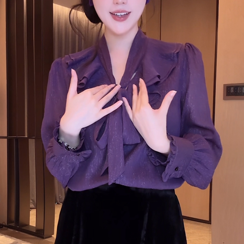 荷叶边紫色长袖衬衫女士2025秋季高级感气质减龄宽松显瘦v领上衣