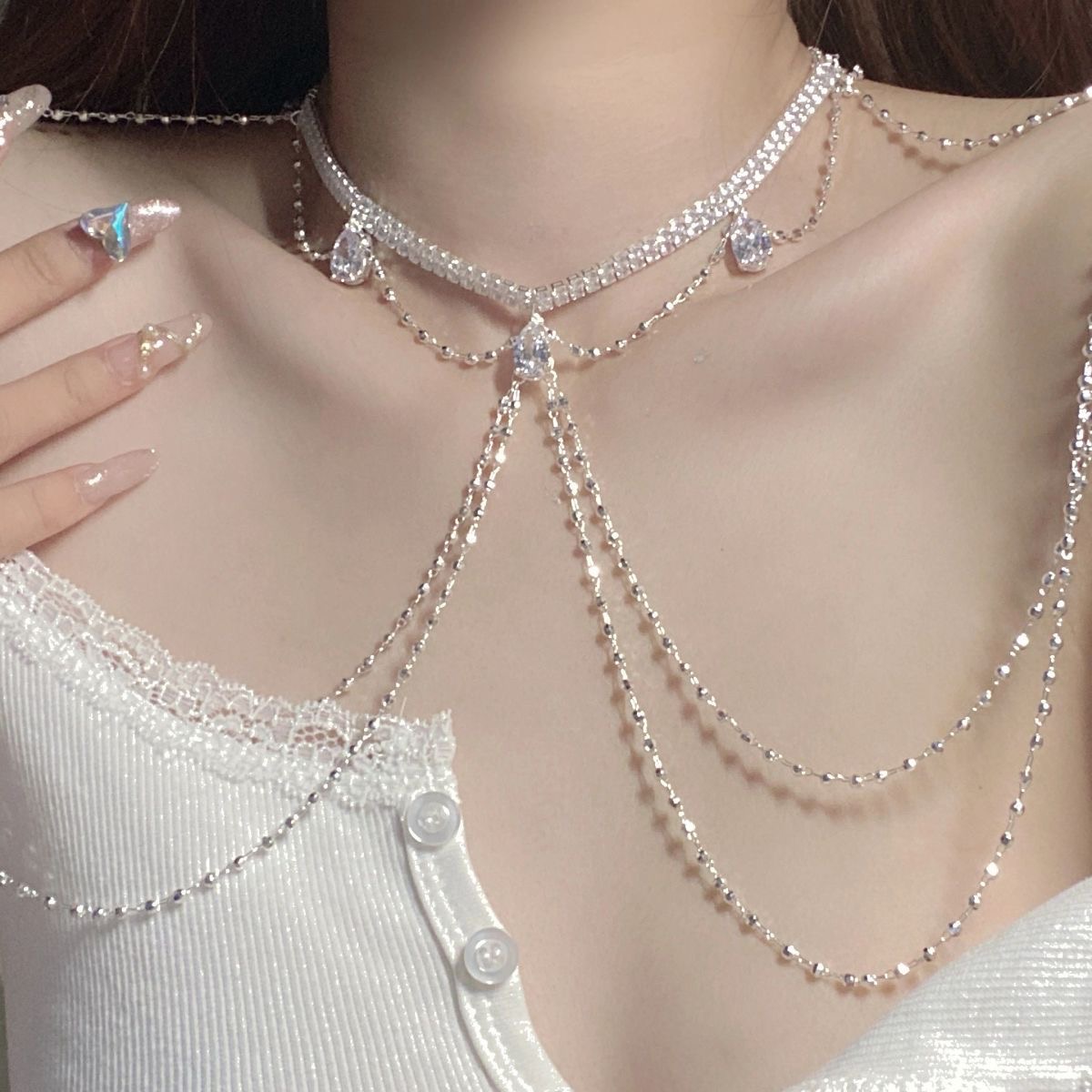 合金项链 合金项链轻奢礼服配饰流苏肩链时尚镶钻高级感项链