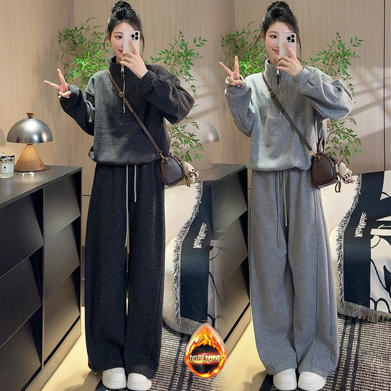 加绒加厚时尚休闲套装女冬季洋气时髦棉马甲立领卫衣阔腿裤三件套