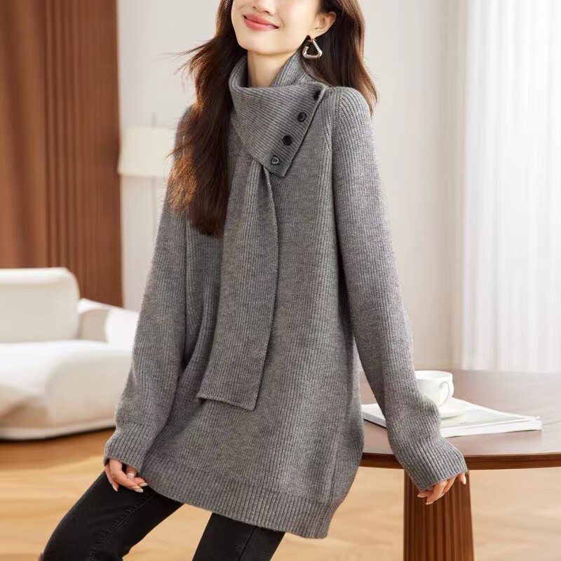 （围脖可拆卸)围脖毛衣女中长款秋冬新款慵懒风配大衣针织打底衫女