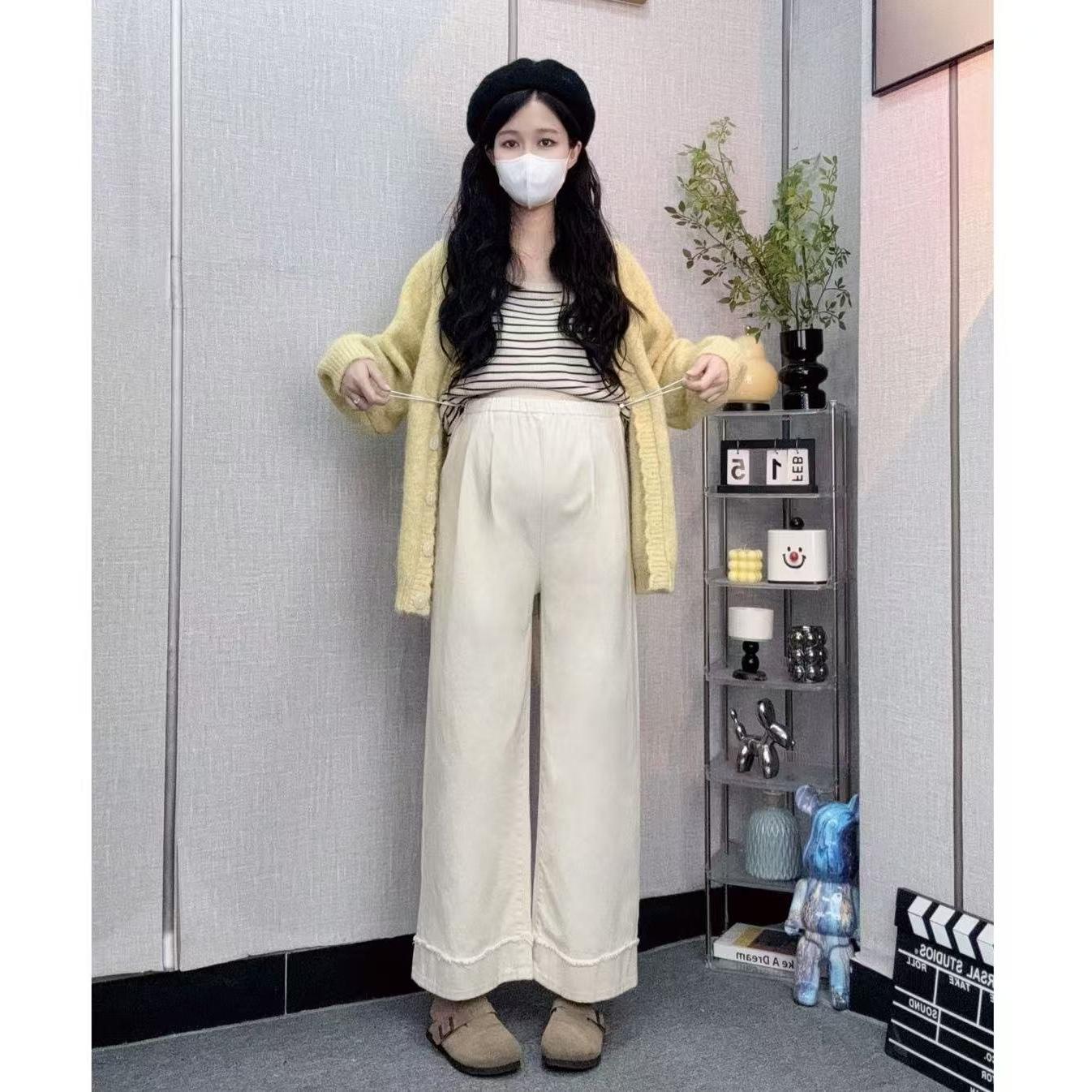 孕妇裤子秋季外穿牛仔裤小个子显瘦宽松时尚毛边设计感垂感阔腿裤