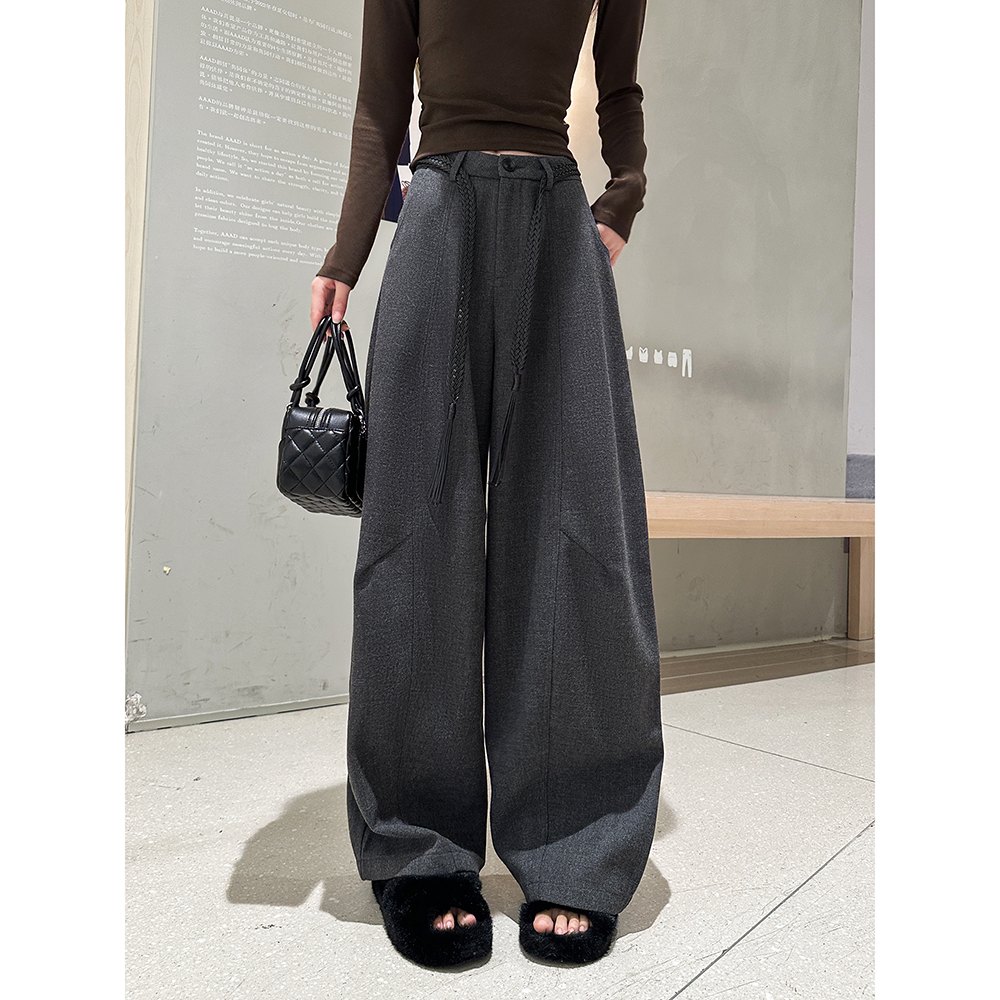 动感少女毛呢弯休闲裤女2025秋季韩版高腰宽松阔腿裤拖地长裤潮