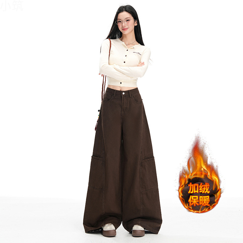 2025年秋冬加绒新美式辣妹工装阔腿高腰显瘦牛仔女裤休闲百搭咖色