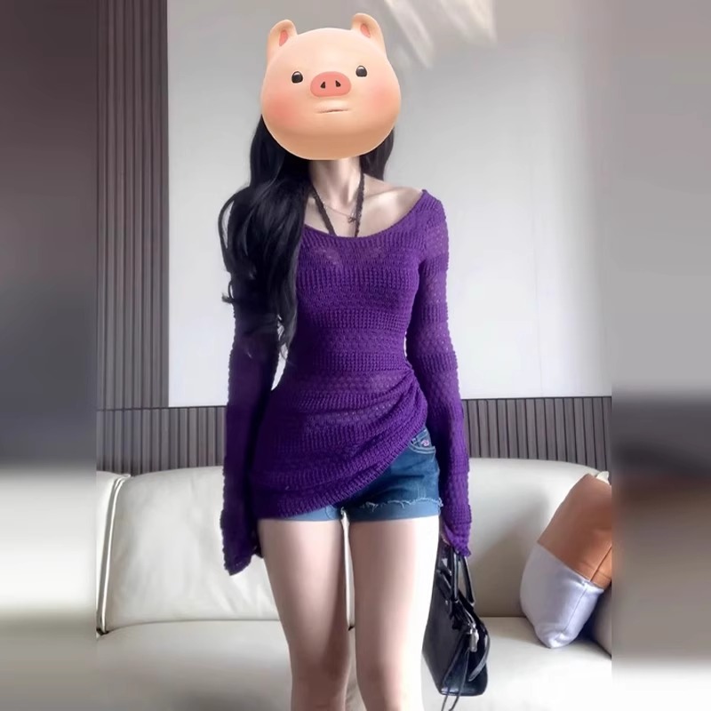 紫色喇叭长袖镂空调针织罩衫女2025新款春夏季外搭薄露肩防晒上衣