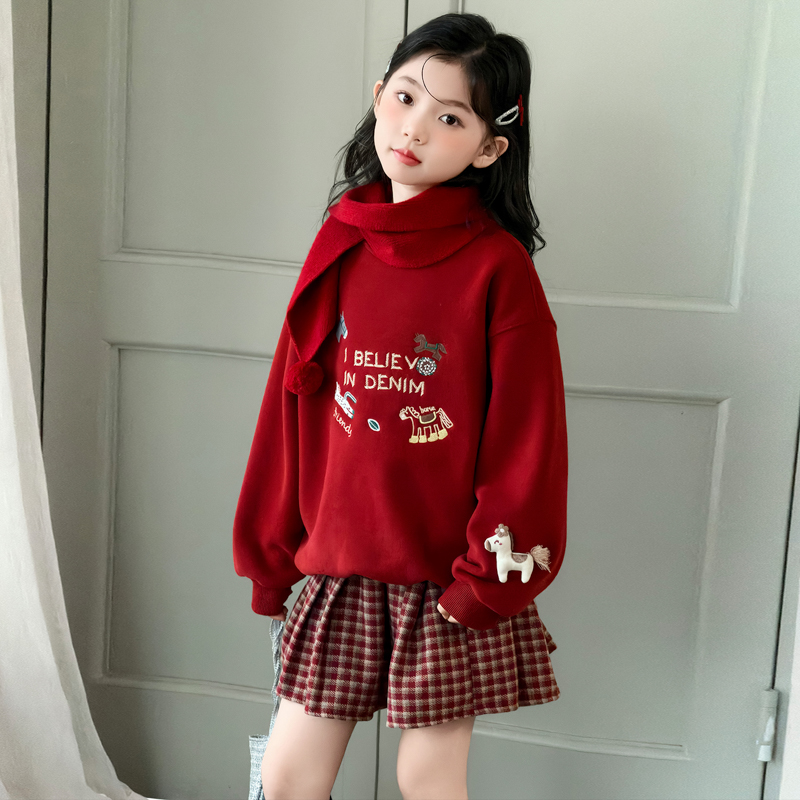 女童冬装套装2025新款儿童洋气时髦女孩卫衣中大童百褶裙子两件套