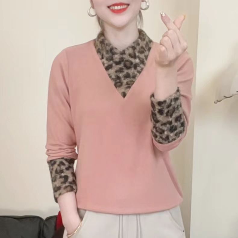 冬季双面绒保暖豹纹拼接休闲女士百搭气质显瘦长袖T恤女A123