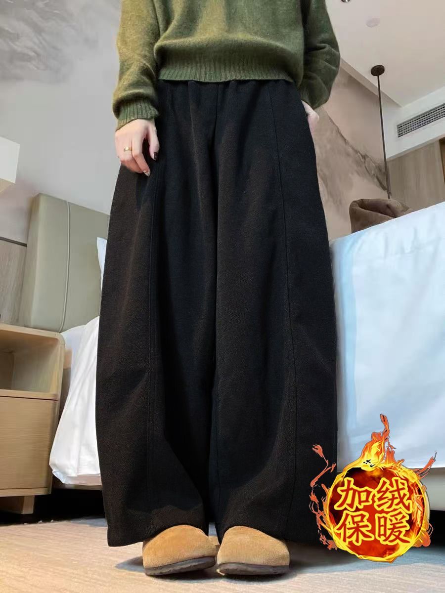 慵懒风磨毛加绒毛呢裤女秋冬潮流时尚流行宽松垂感阔腿休闲弯刀裤