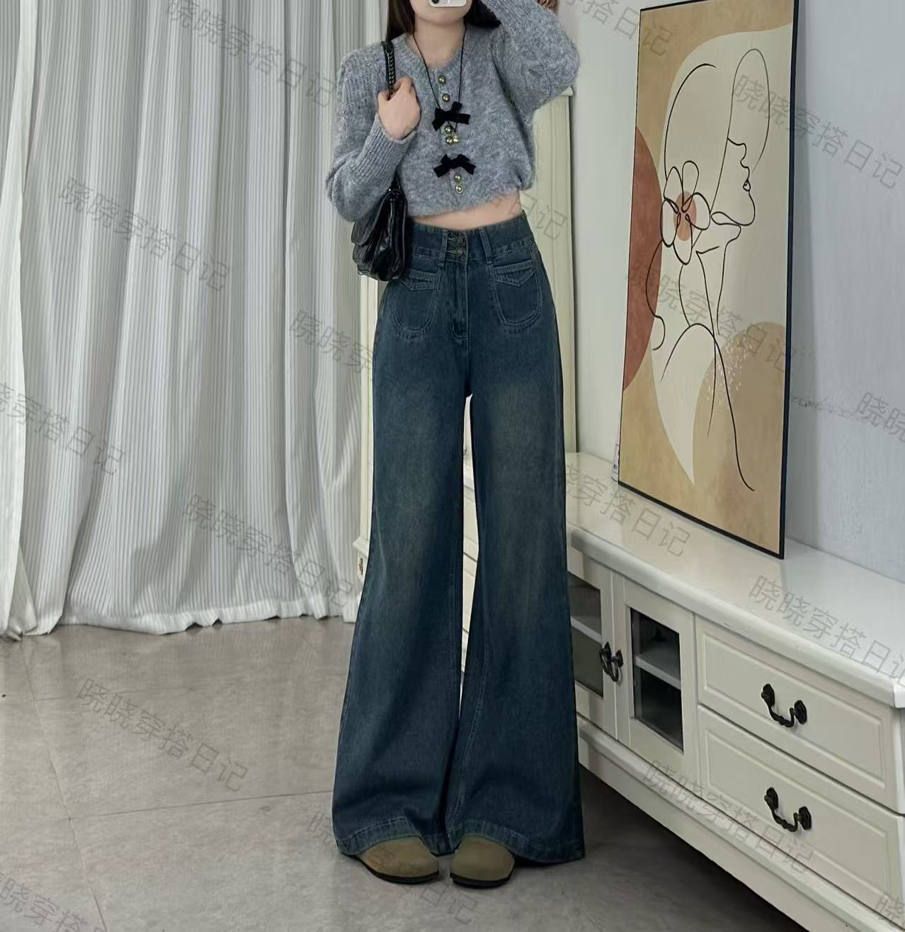2025秋季新款复古深蓝阔腿牛仔裤女宽松百搭高腰显高显瘦拖地裤