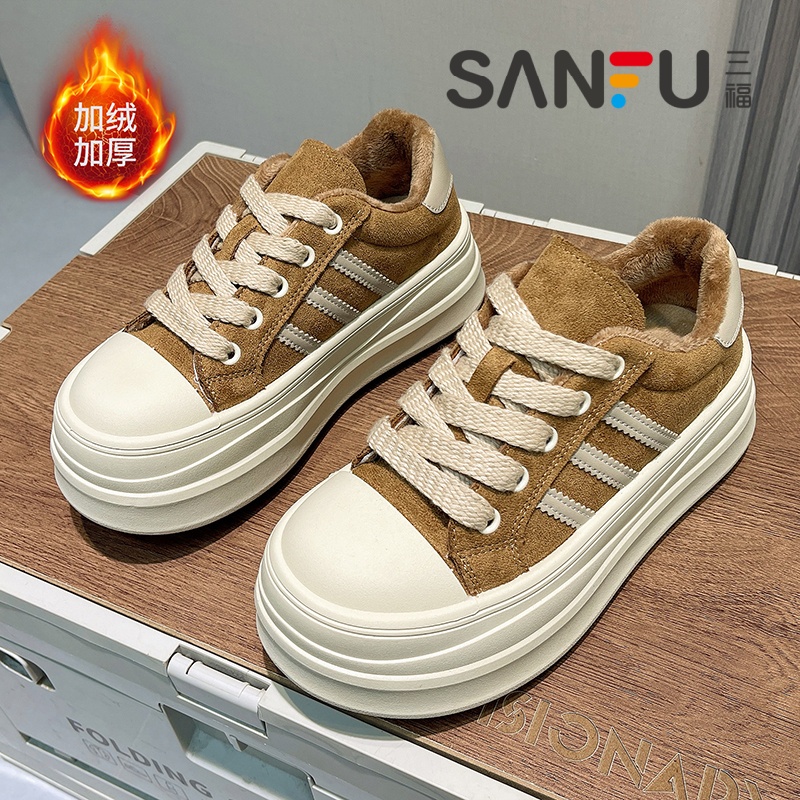 三福厚底增高2025冬季新款板鞋保暖运动休闲女鞋加绒休闲鞋运动鞋