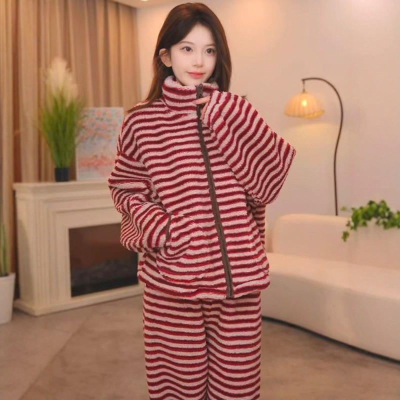 珊瑚绒条纹立领家居服套装女2025秋冬新款加绒加厚可外穿休闲套装